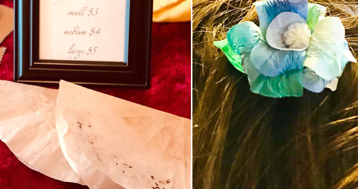 Used Coffee filters can be wash, painted, cut and glued to form flower hair pins.