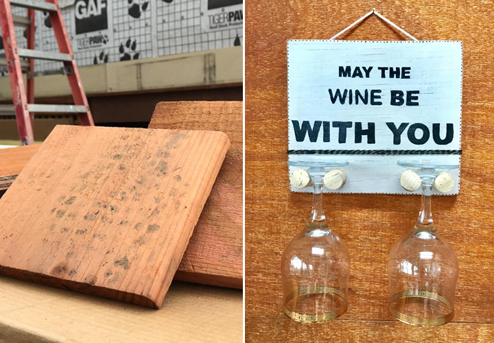 Wood scraps turn into charming wine glass holders to hang in your wall